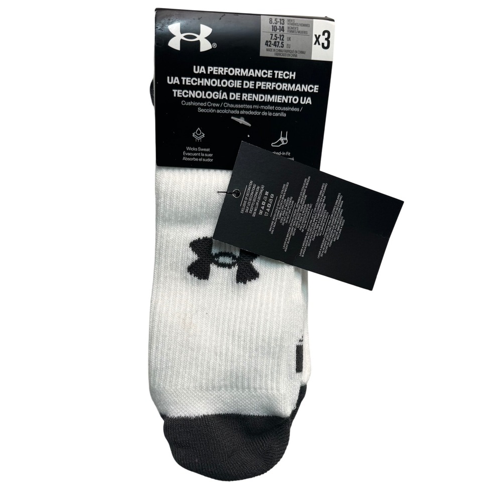Under Armour Performance Tech Cushioned Crew Socks 3 Pair White Grey